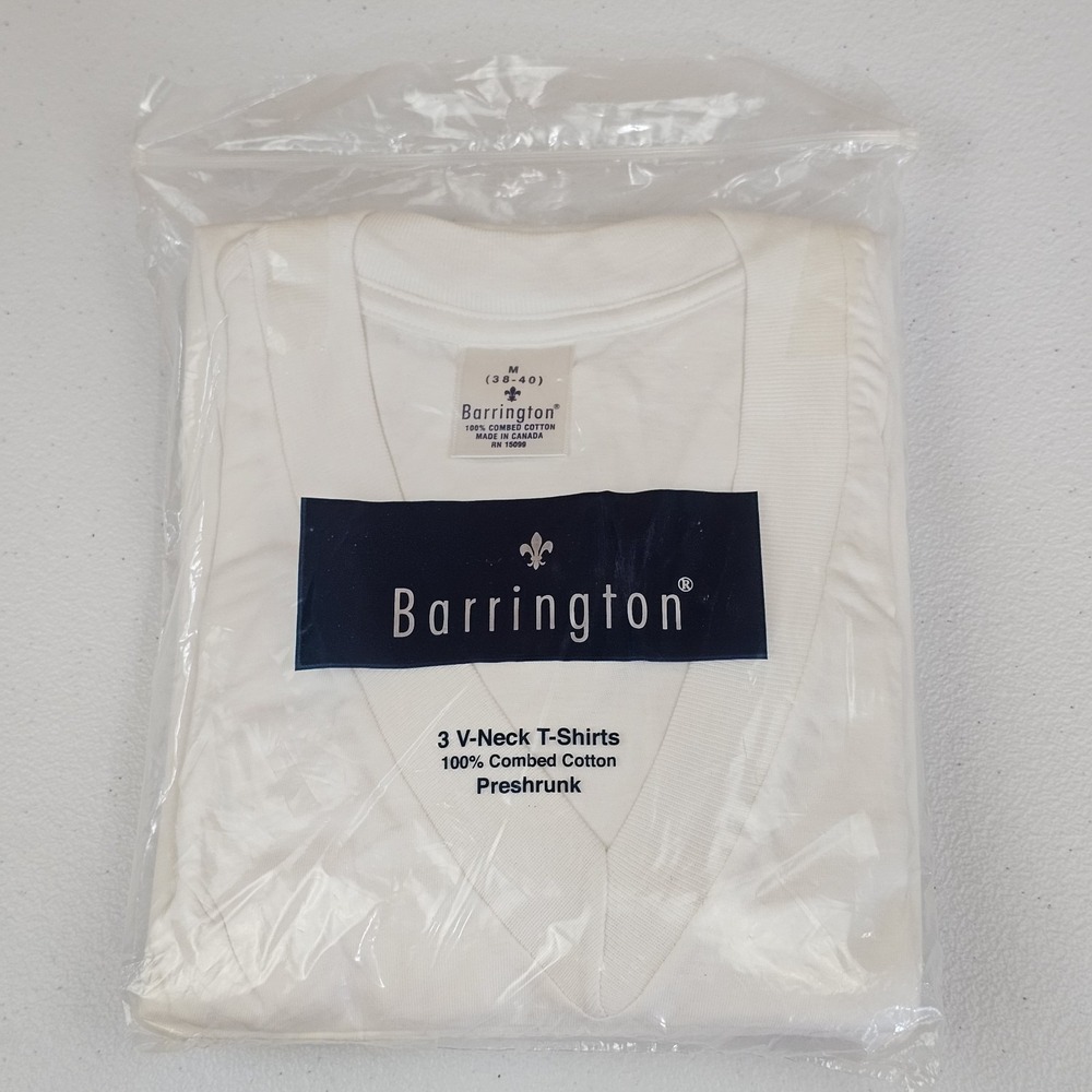 Vtg Barrington 3pk V-Neck T-Shirt Mens M White Undershirt Combed Cotton Canada